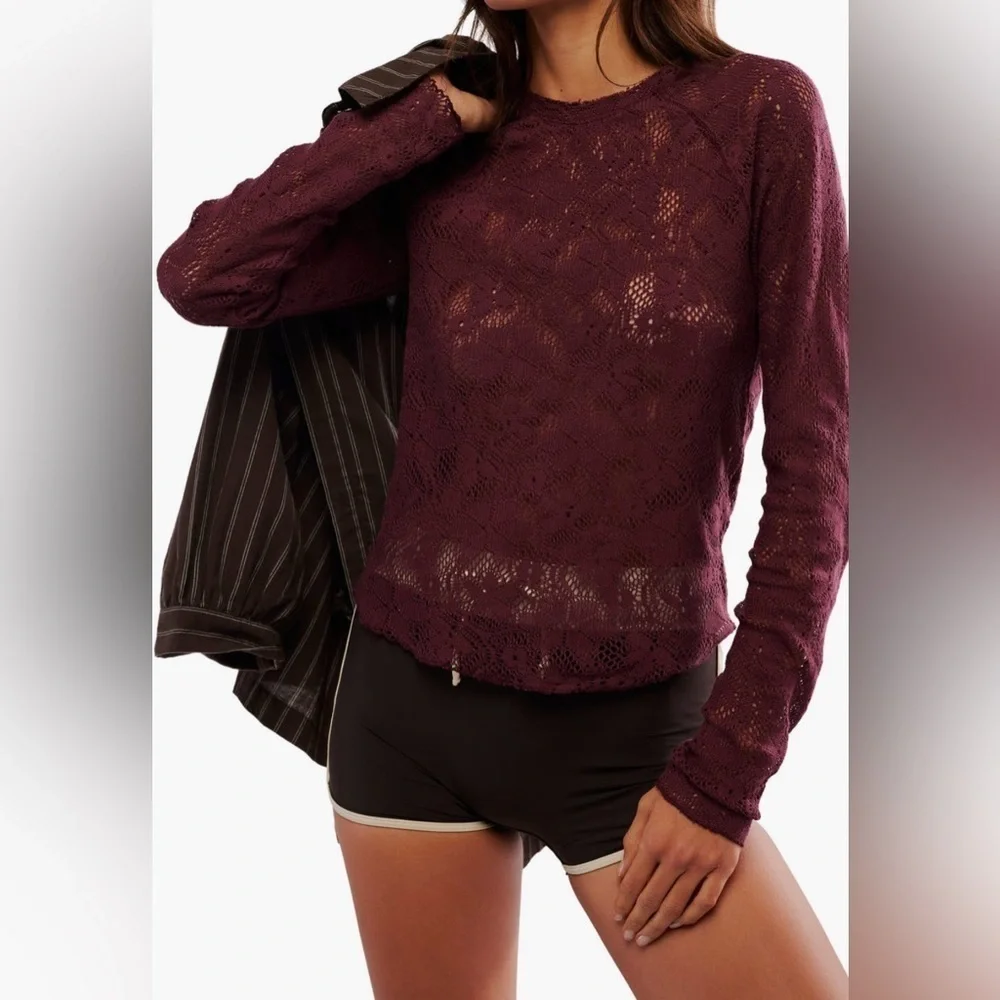 Free People Fitted Long Sleeve Semisheer Lace Top